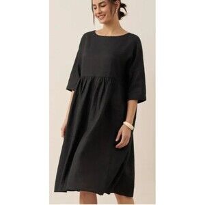 Lintico Maxi Midi Dress Large Black Coastal Beach Lagenlook Lagom A-Line Pleats